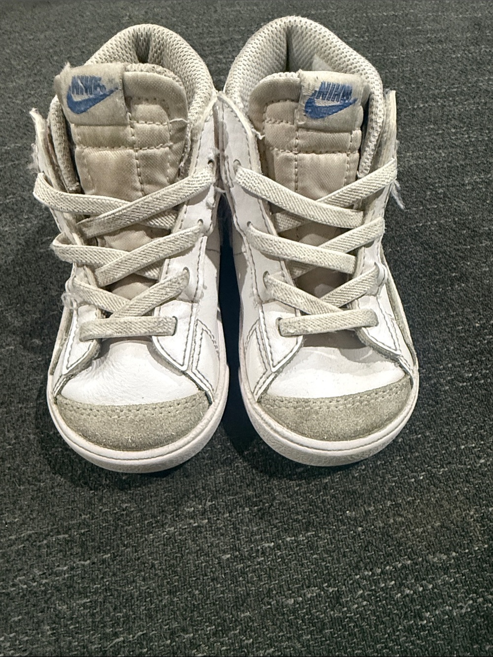 Nike Kids White and Light Gray High Top Sneakers with Blue Logo